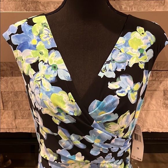 NWT Lauren Ralph Lauren Blue floral V neck slipon Midi Dress side ruching sz 10 - Picture 4 of 16
